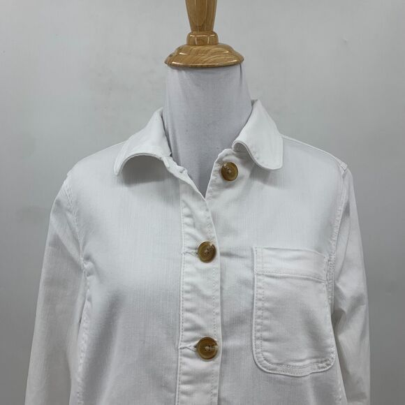 Talbots Button Up Denim Shirt Jacket Womens Petite S Small White Flap Pocket - Picture 4 of 11